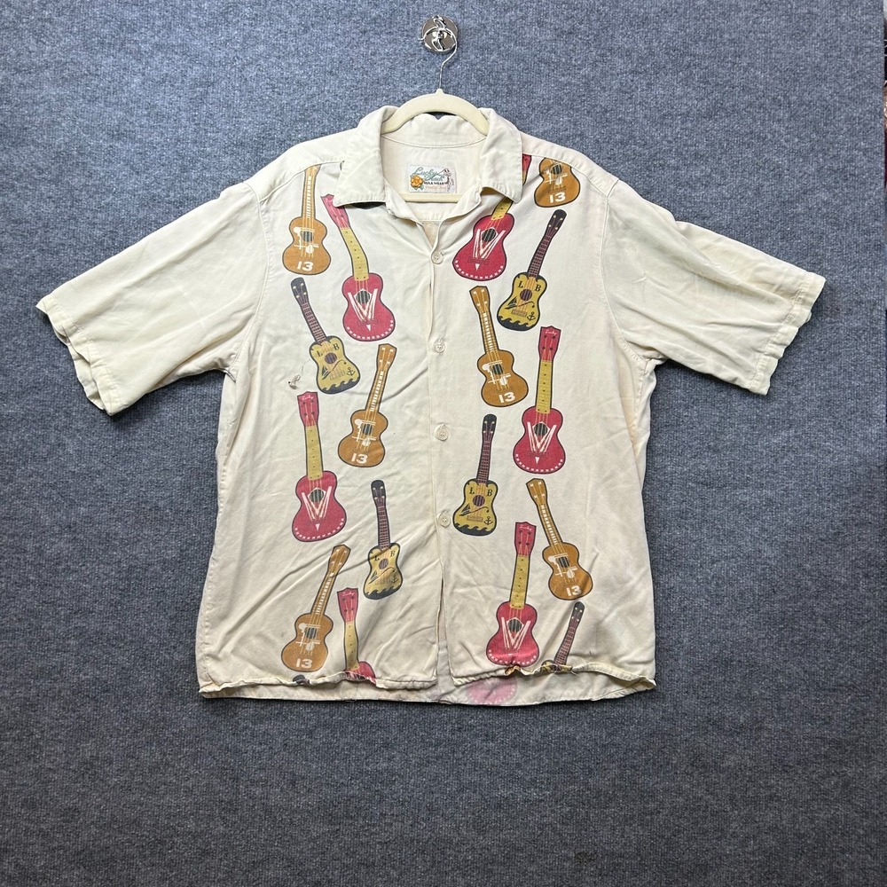 Vintage Lucky Beach Hula Wear Hawaiian Shirt Cream Guitars Ukuleles Print‎ Large